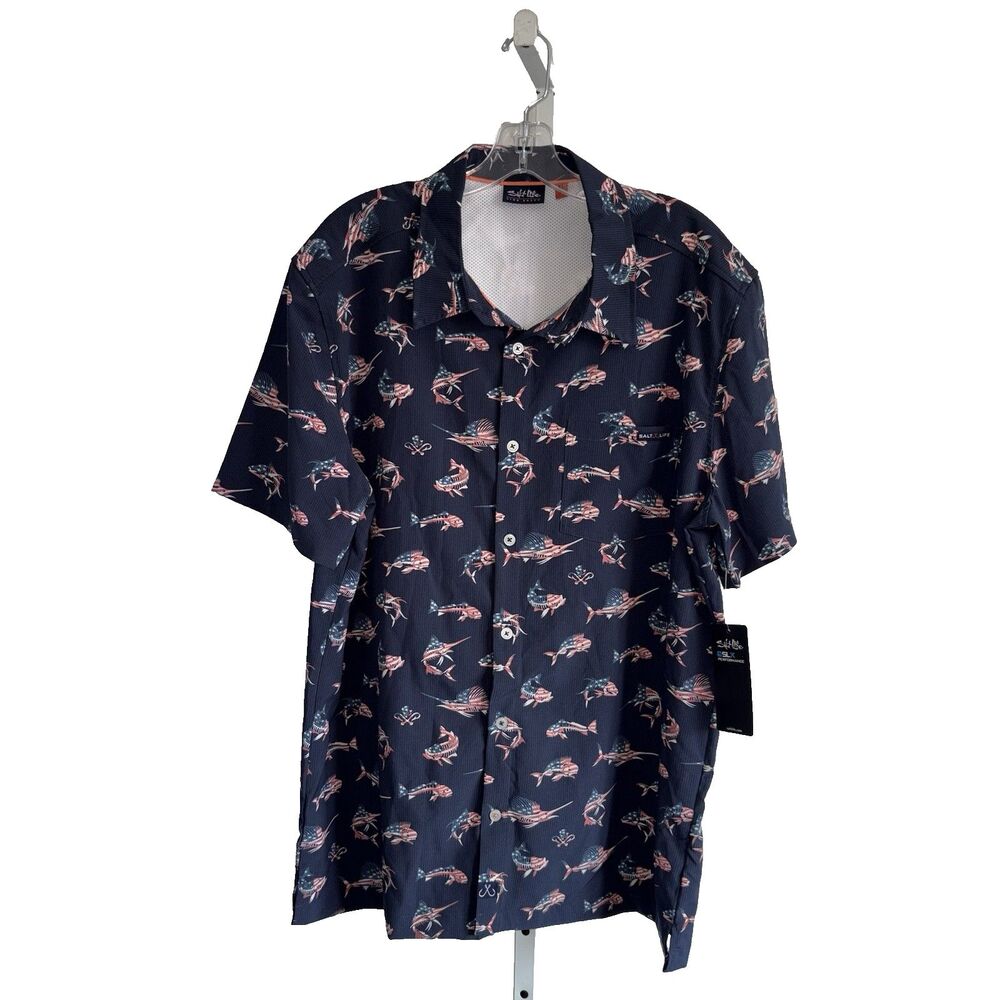 Salt Life Navy Blue American Flag Marlin Fish Short Sleeve Performance Shirt XL